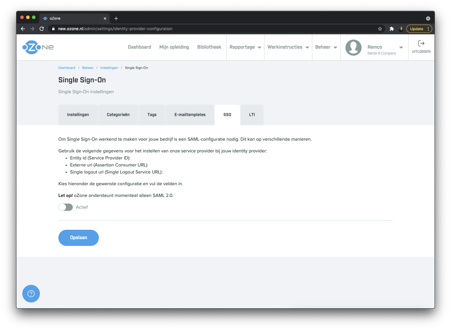 Screenshot SSO configuratie pagina