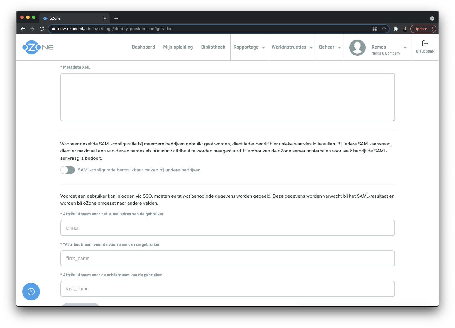 Screenshot SSO configuratie pagina met attribuut namen