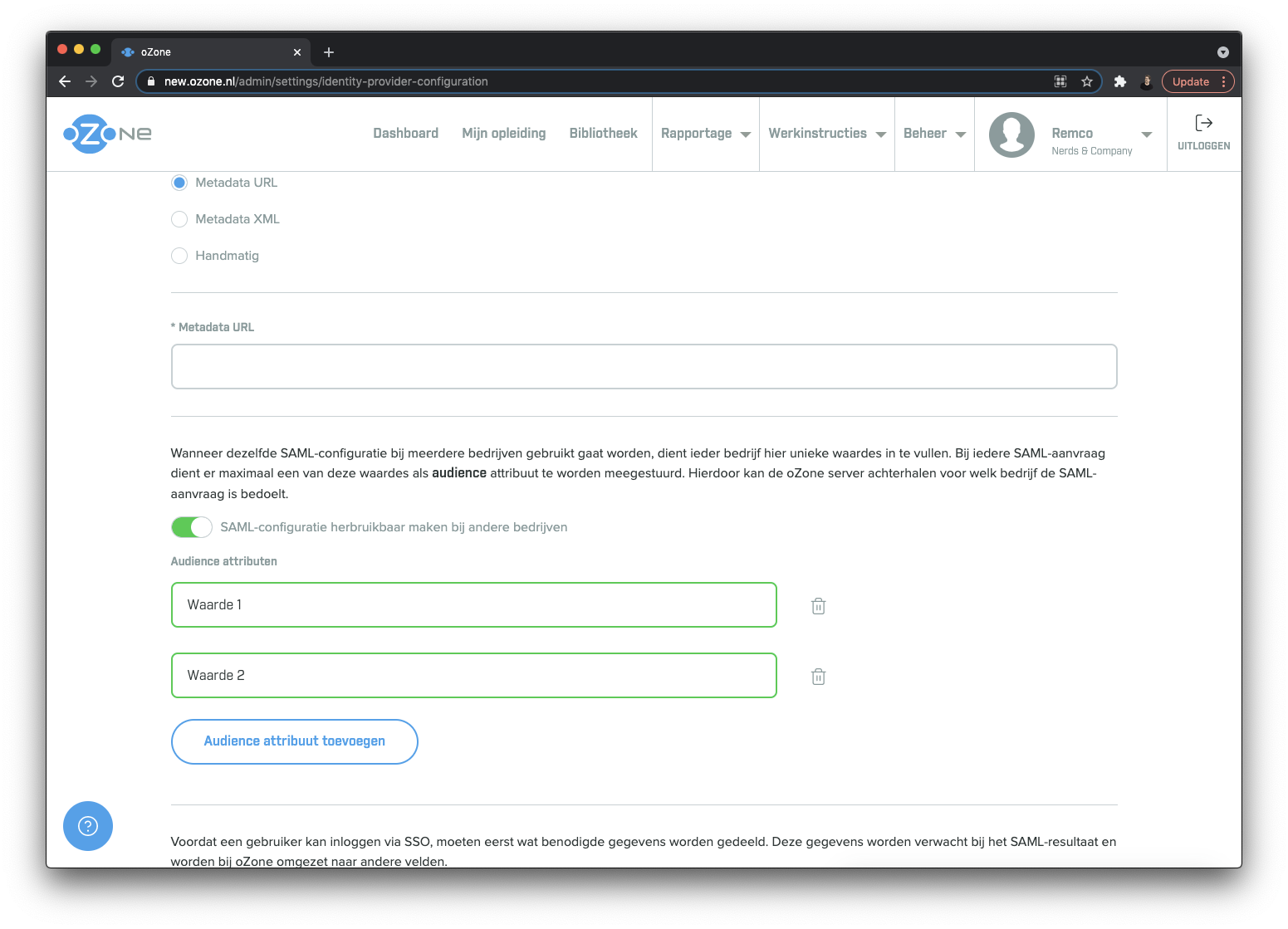 Screenshot SSO configuratie pagina met audience waardes