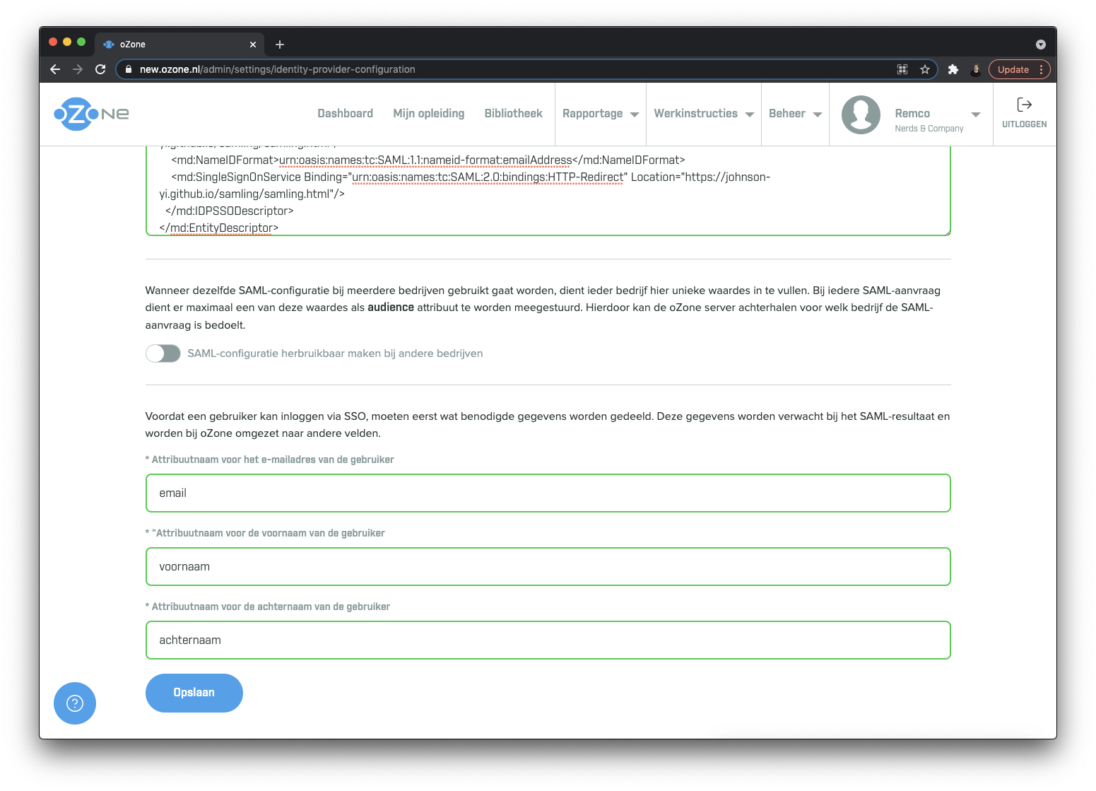 Screenshot oZone met ingevulde attribuutnamen