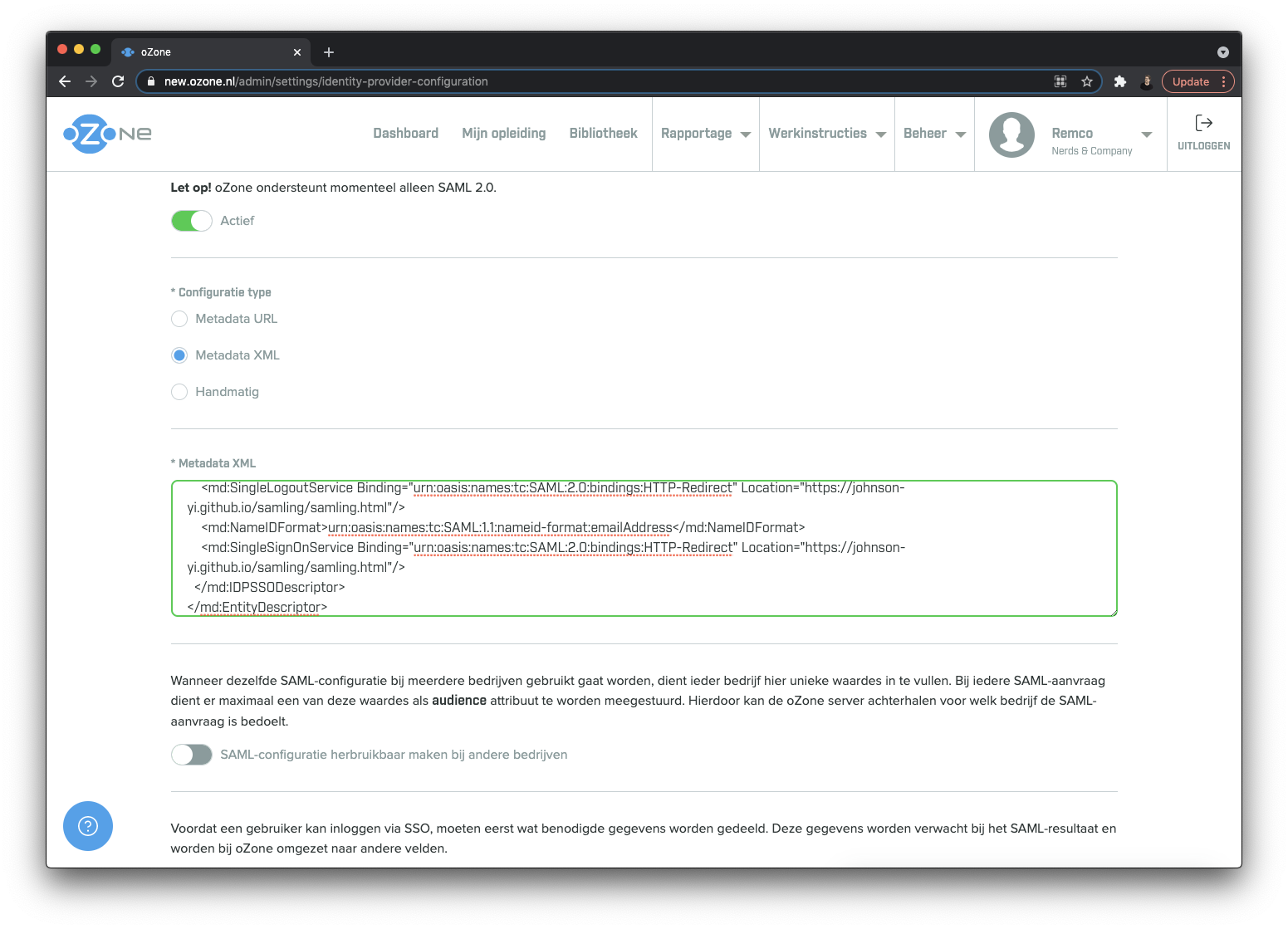Screenshot oZone met ingevulde metadata XML