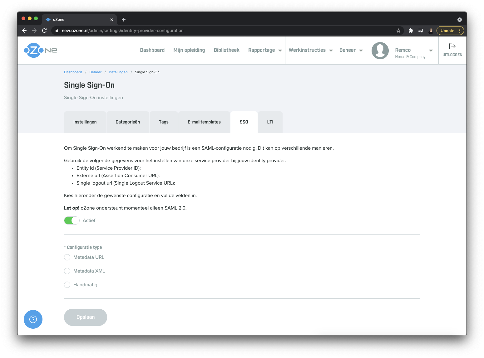 Screenshot SSO configuratie pagina met geselecteerd type