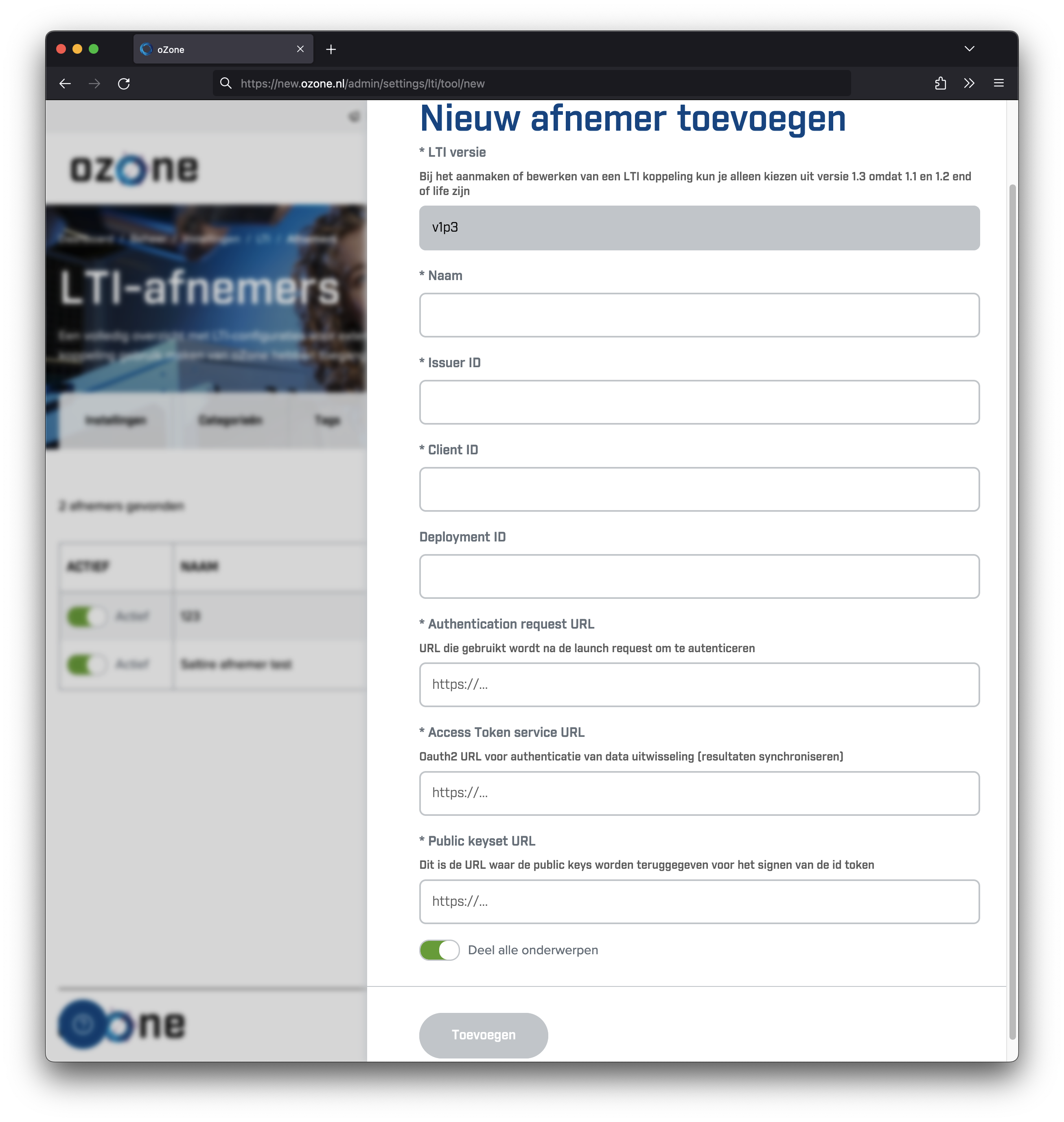 Screenshot LTI aanbieder pagina