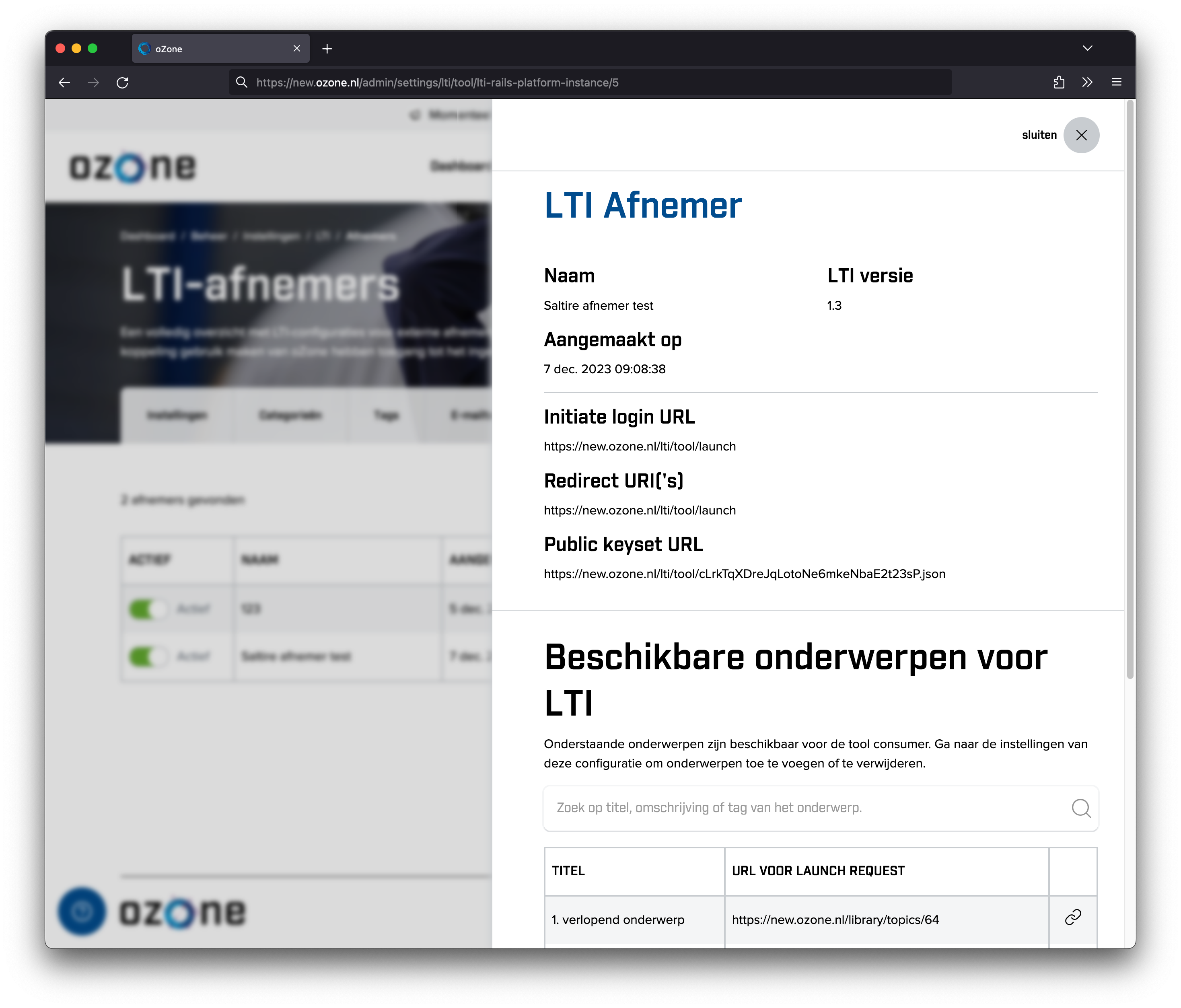Screenshot LTI aanbieder pagina