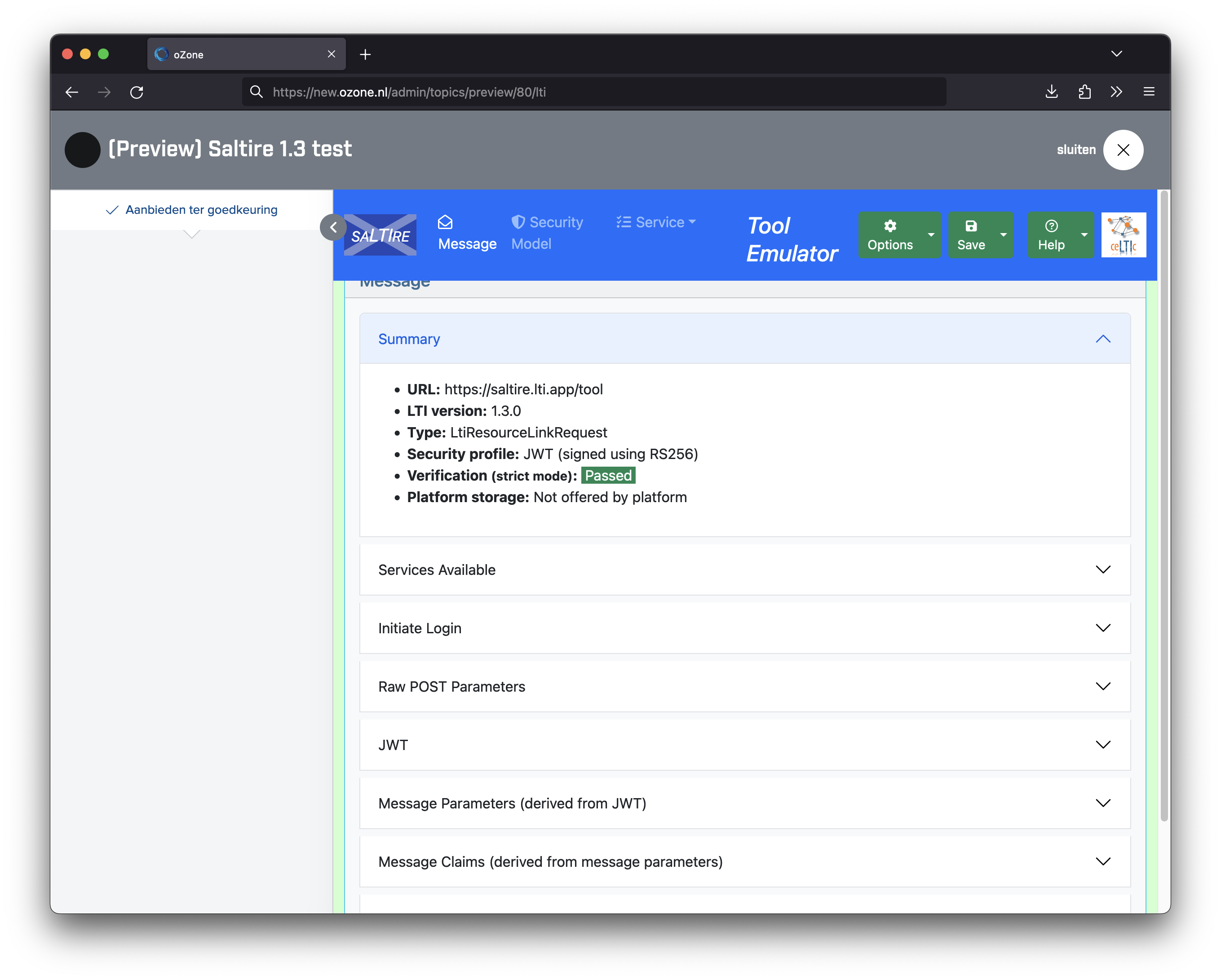 Screenshot Saltire LTI-configuratie 1.3 launch verified resultaat