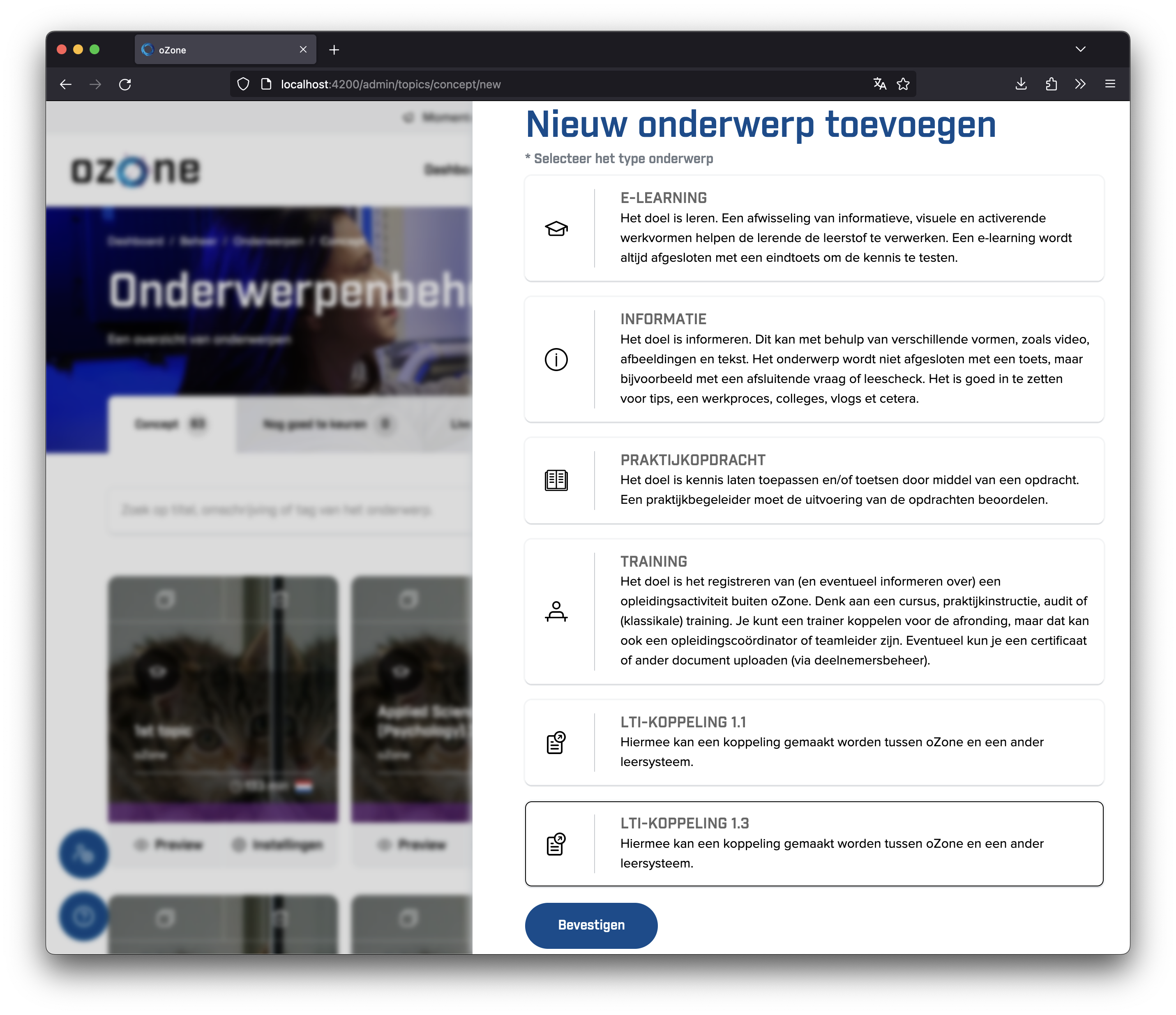 Screenshot LTI onderwerp aanmaken pagina