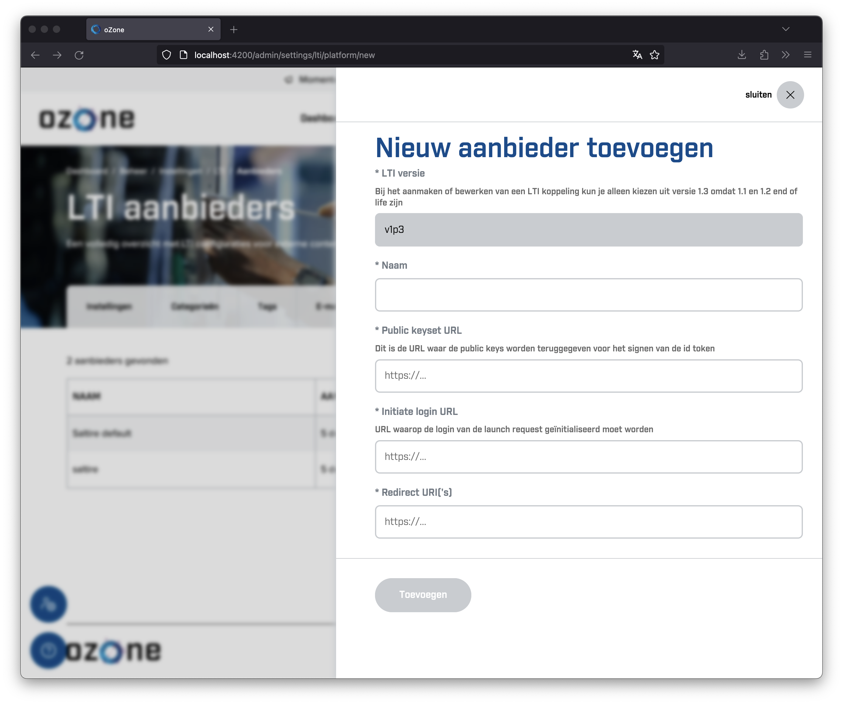 Screenshot LTI aanbieder pagina